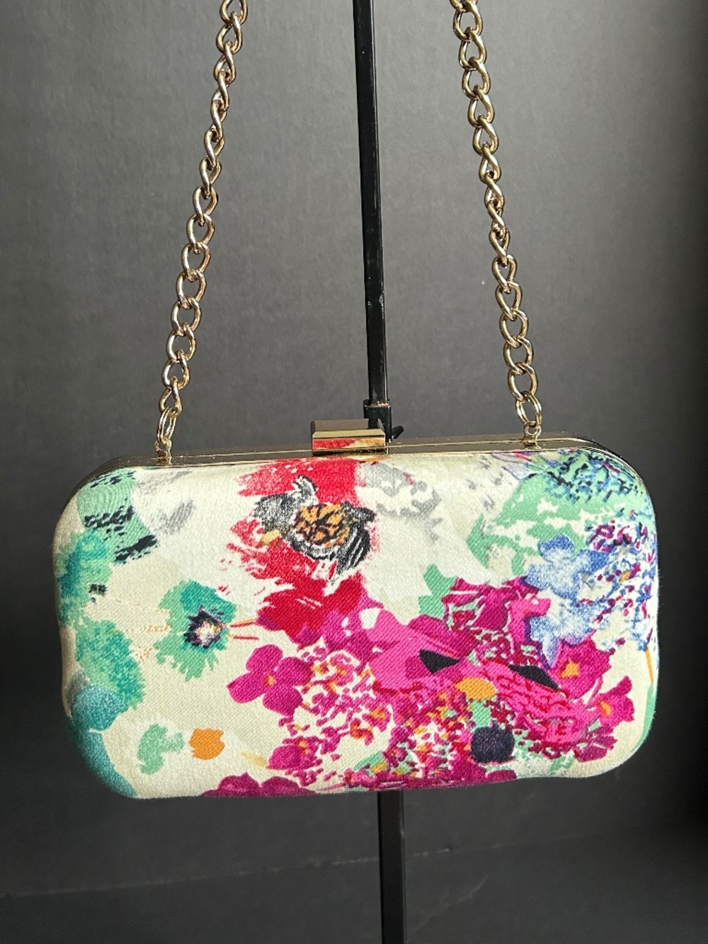 Boutique Floral Box Clutch Evening Bag Gold Chain Strap Minaudière